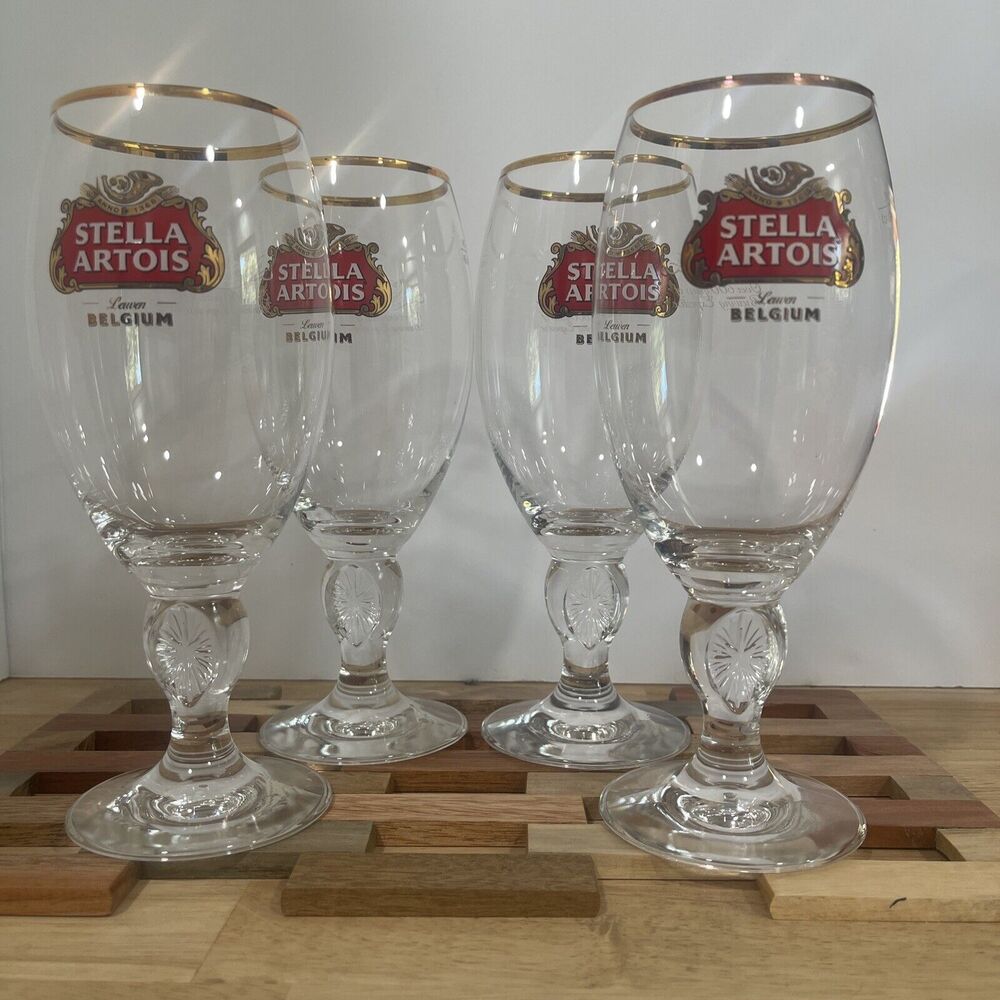 Set of 4 Stella Artois 40CL Gold Rimmed Beer Glasses Chalices Barcore Royalcore